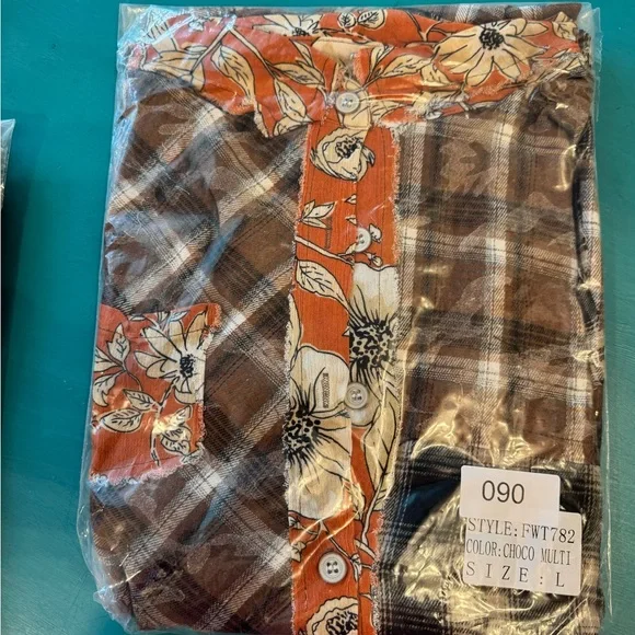POL Floral Plaid Women's Button Down - Brown and Orange - Picture 4 of 6